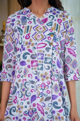 White & Purple Angrakha Style Cotton Co-Ord Set with Abstract Print – Comfortable & Chic