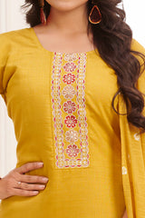 Mustard Floral Embroidered Straight Salwar Suit in Viscose Vertican Silk