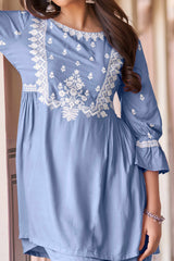 Sky Blue Floral Embroidered Rayon Co-Ord Set – Top & Bottom