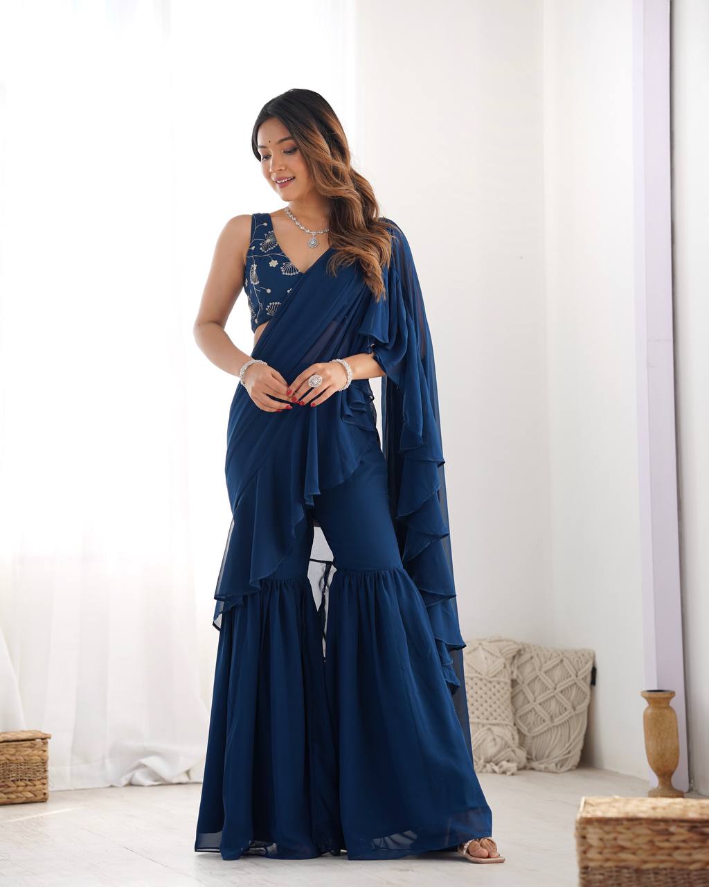 Vibrant Teal Blue Georgette Sharara Set with Sequins & Zari Embroidery