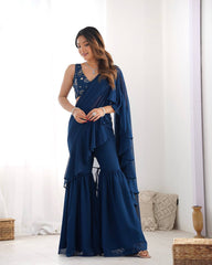 Vibrant Teal Blue Georgette Sharara Set with Sequins & Zari Embroidery