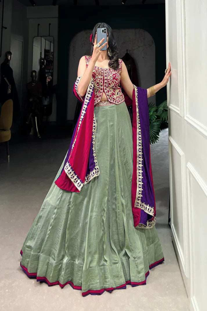 Vichitra Silk Lehenga Set with Sequins & Thread Embroidery and Belt Detail