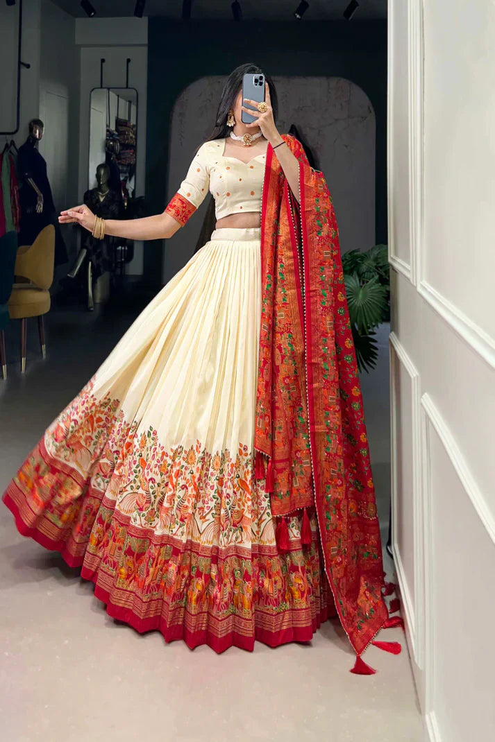 Elegant Tussar Silk Lehenga Set with Foil Print and Gotta Patti Lace Dupatta