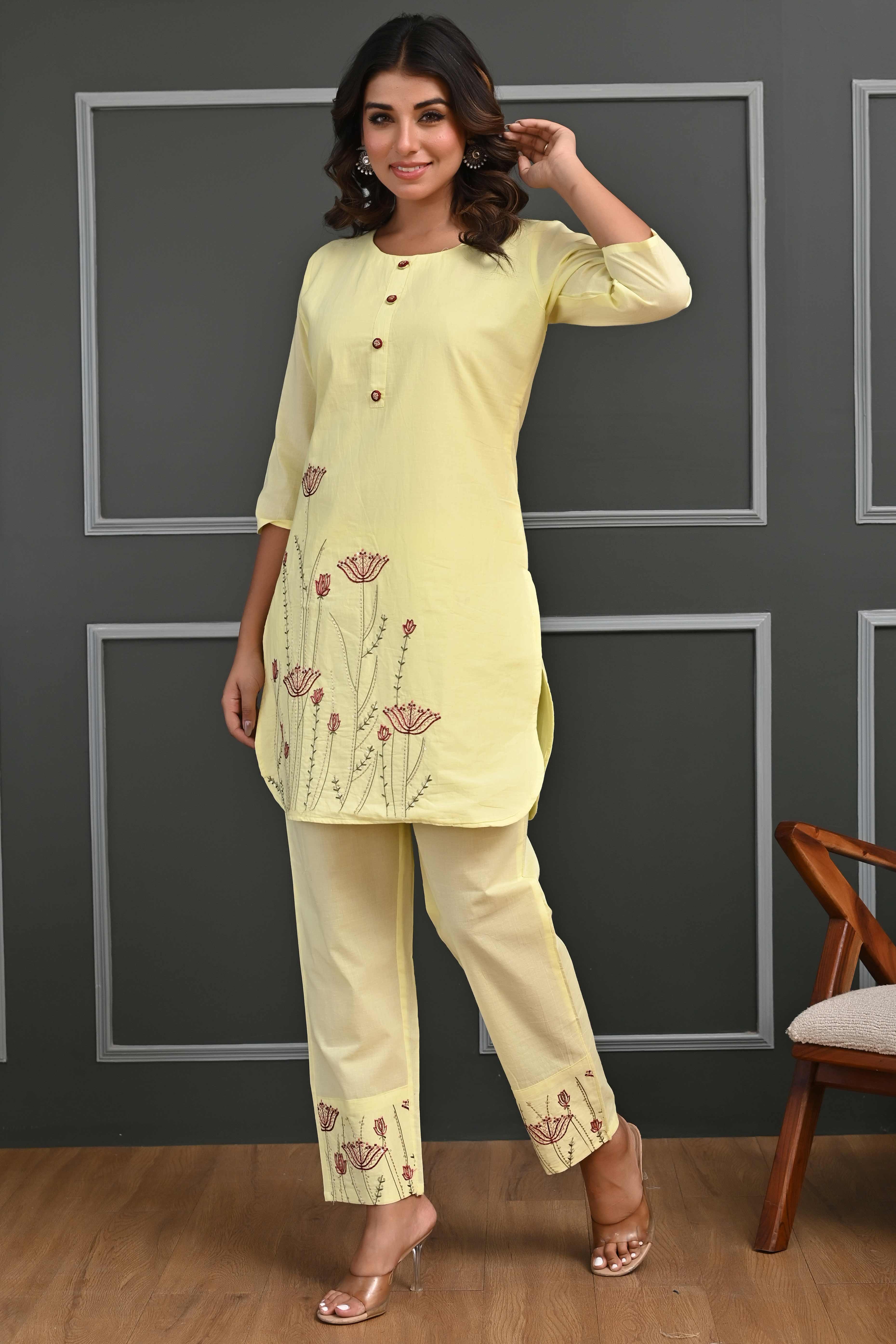 Yellow Floral Embroidered Co-Ord Set – Top & Bottom