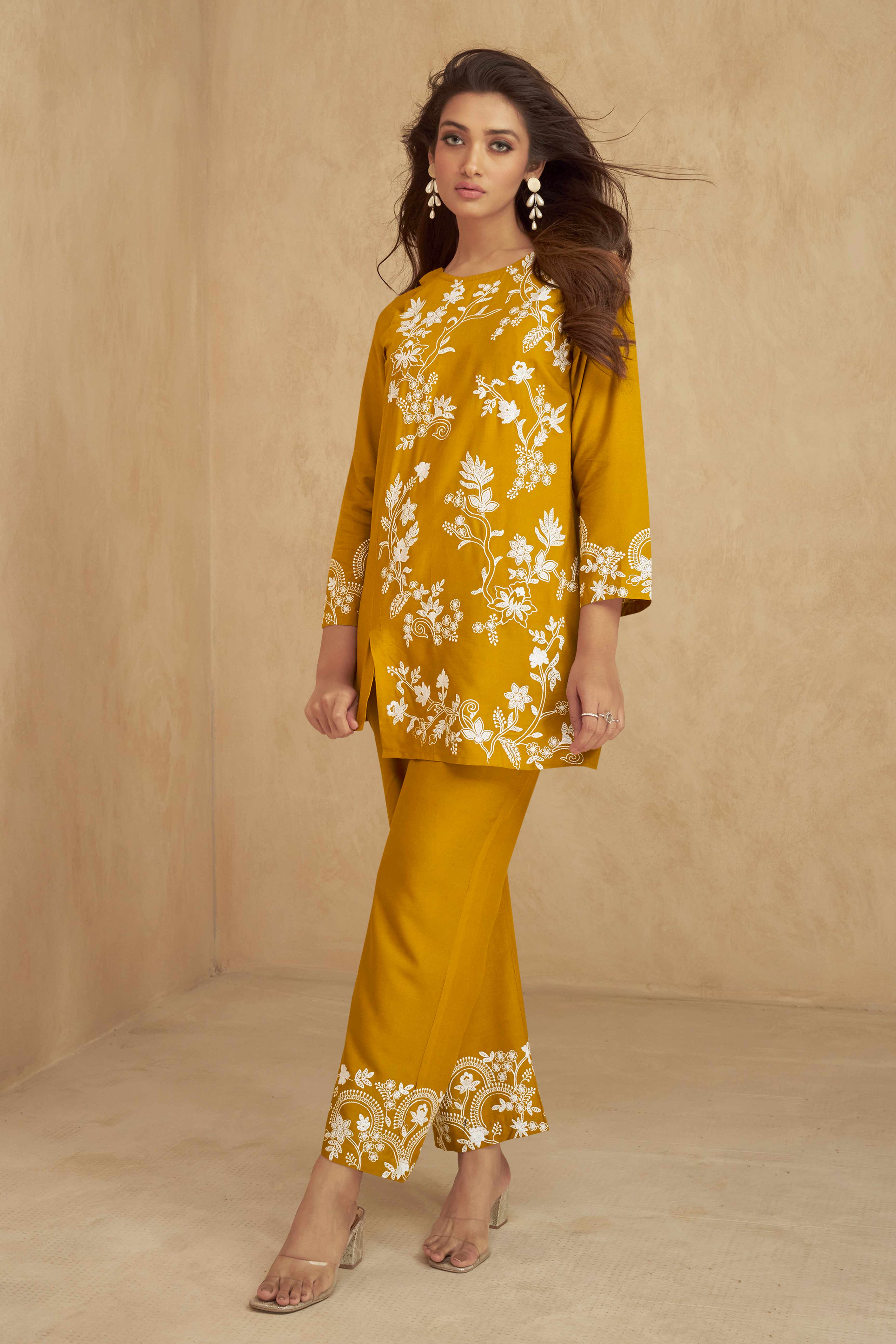 Mustard Floral Embroidered Rayon Co-Ord Set – Elegant & Comfortable Everyday Wear