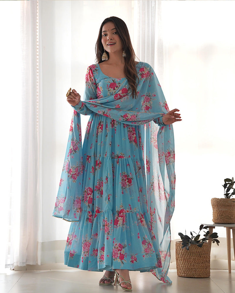 Pure Soft Georgette Frill Anarkali Suit Set with Floral Print Dupatta – Festival & Party Wear