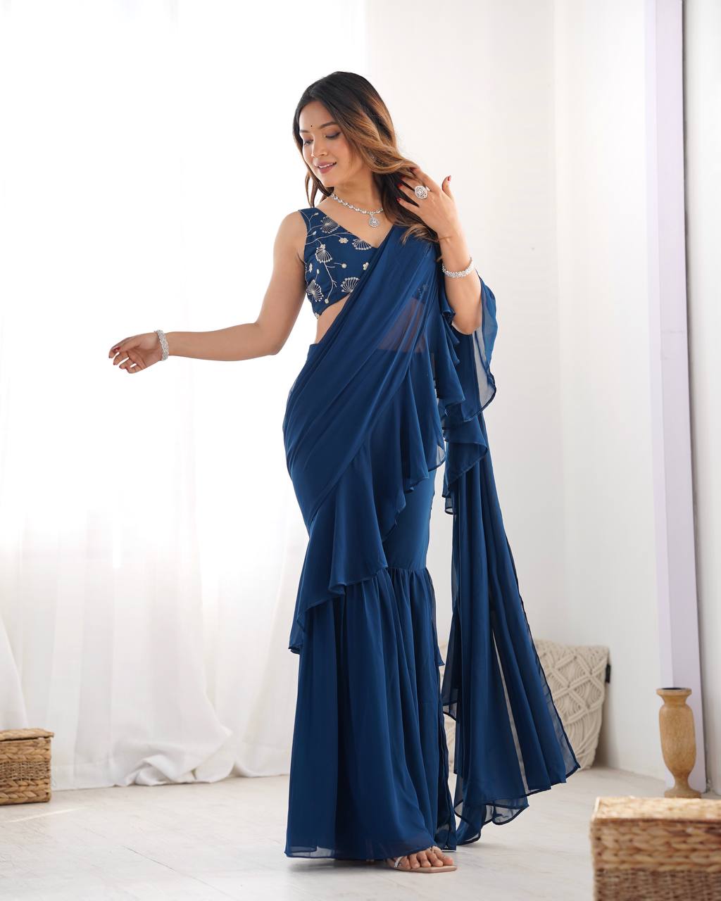 Vibrant Teal Blue Georgette Sharara Set with Sequins & Zari Embroidery