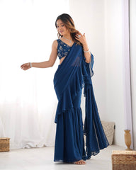 Vibrant Teal Blue Georgette Sharara Set with Sequins & Zari Embroidery