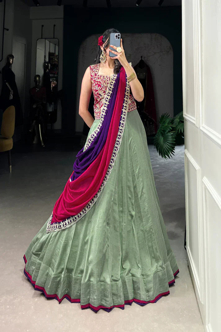 Vichitra Silk Lehenga Set with Sequins & Thread Embroidery and Belt Detail