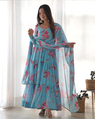 Pure Soft Georgette Frill Anarkali Suit Set with Floral Print Dupatta – Festival & Party Wear