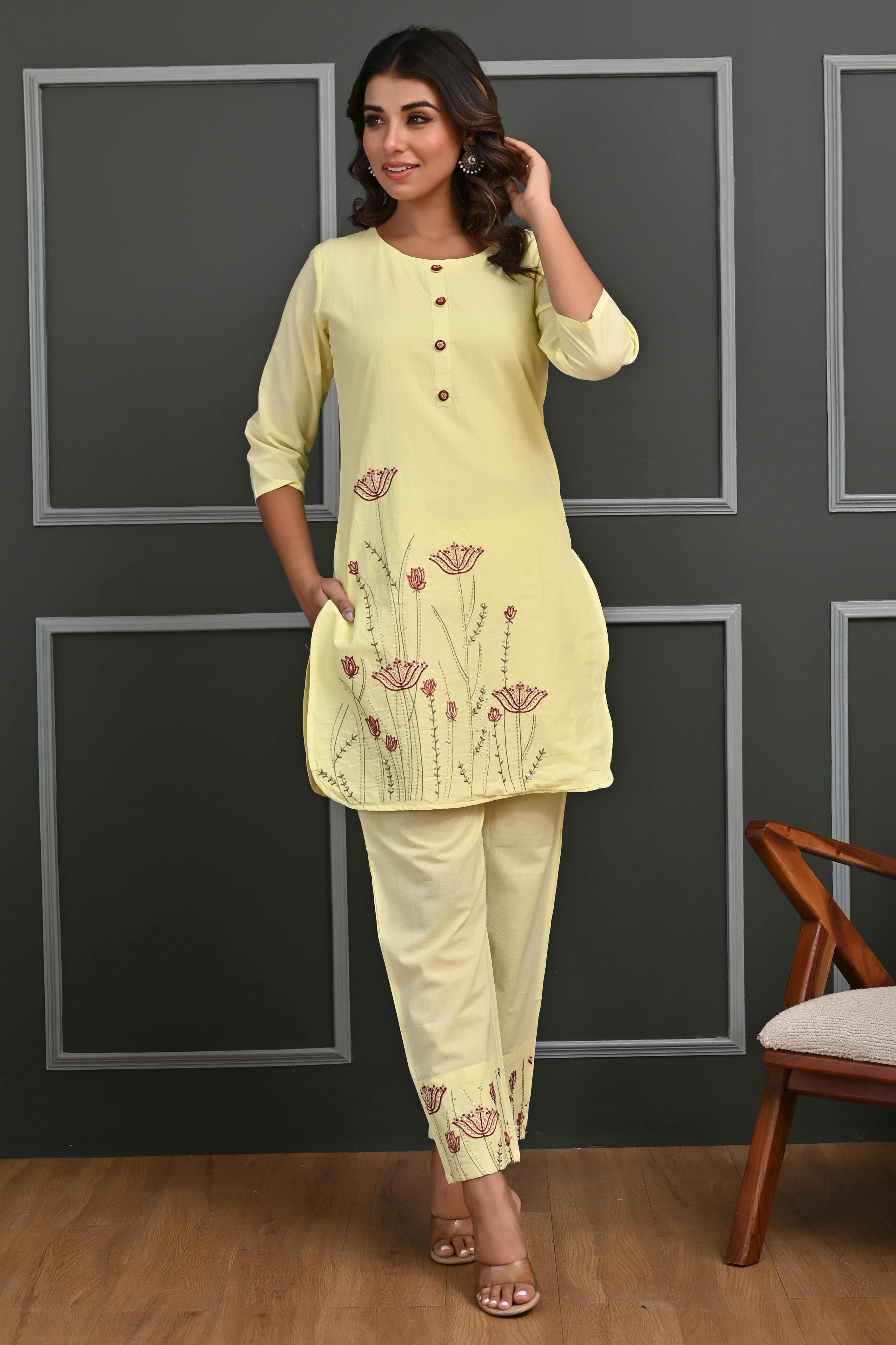 Yellow Floral Embroidered Co-Ord Set – Top & Bottom