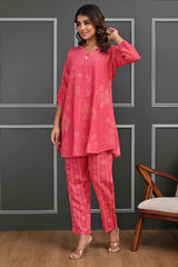Rani Pink Bandhani Print Co-Ord Set with Sequined Neck – Lightweight & Stylish Festive Wear