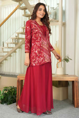 Maroon Embroidered Chanderi Silk Co-Ord Set with Georgette Bottom – Festive & Elegant Ensemble