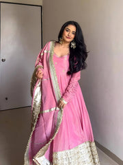 Chinon Silk Kurta Set with Embroidery, Micro Cotton Pants & Dupatta
