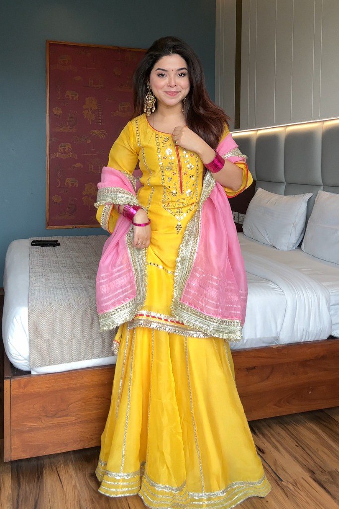 Elegant Chinon Silk Embroidered Suit Set with Plazo & Dupatta