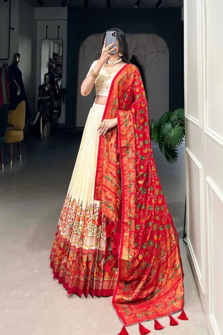 Elegant Tussar Silk Lehenga Set with Foil Print and Gotta Patti Lace Dupatta