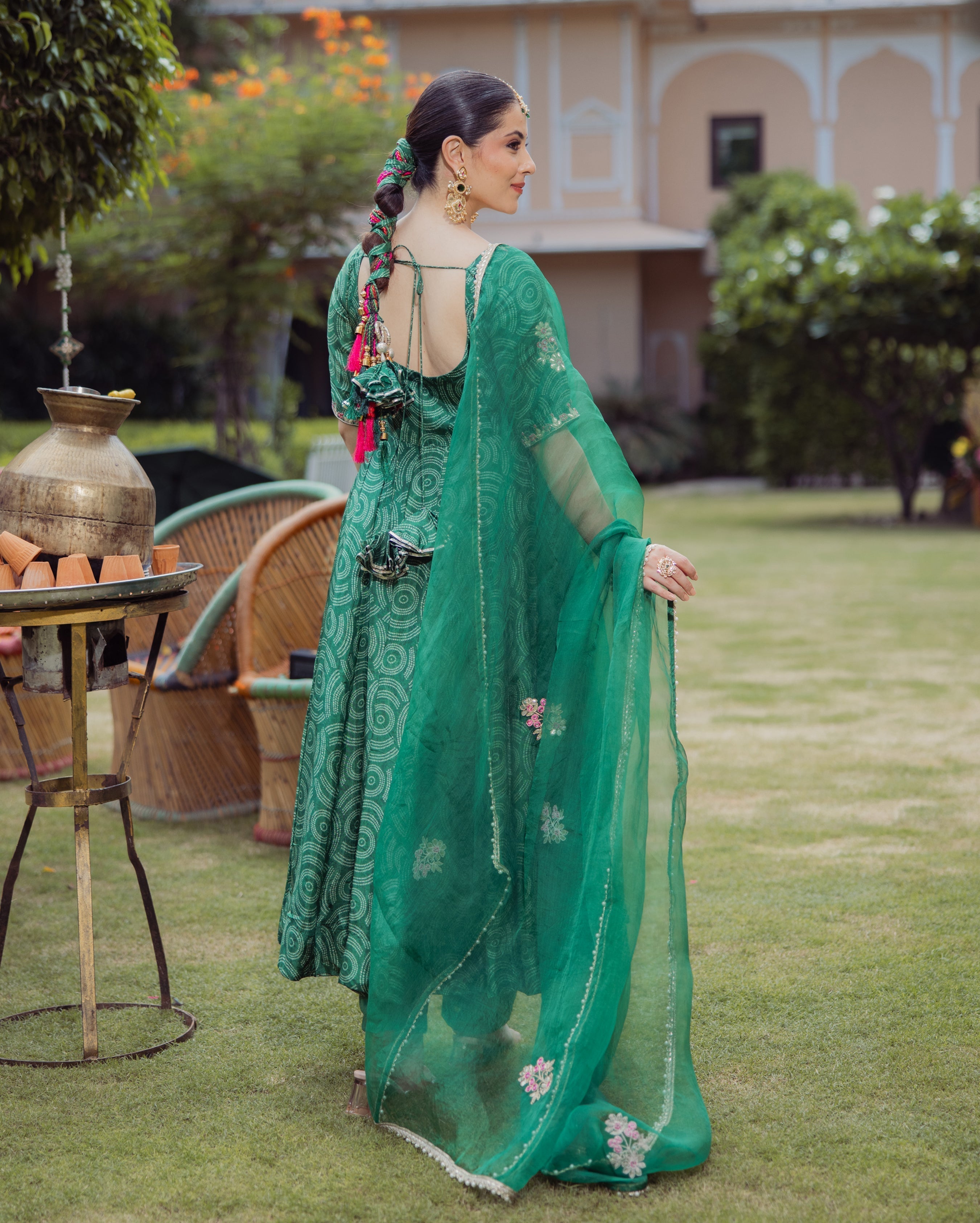 Dark Green Bandhani Chanderi Suit Set