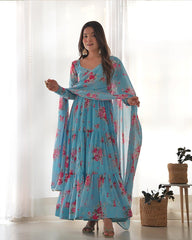 Pure Soft Georgette Frill Anarkali Suit Set with Floral Print Dupatta – Festival & Party Wear