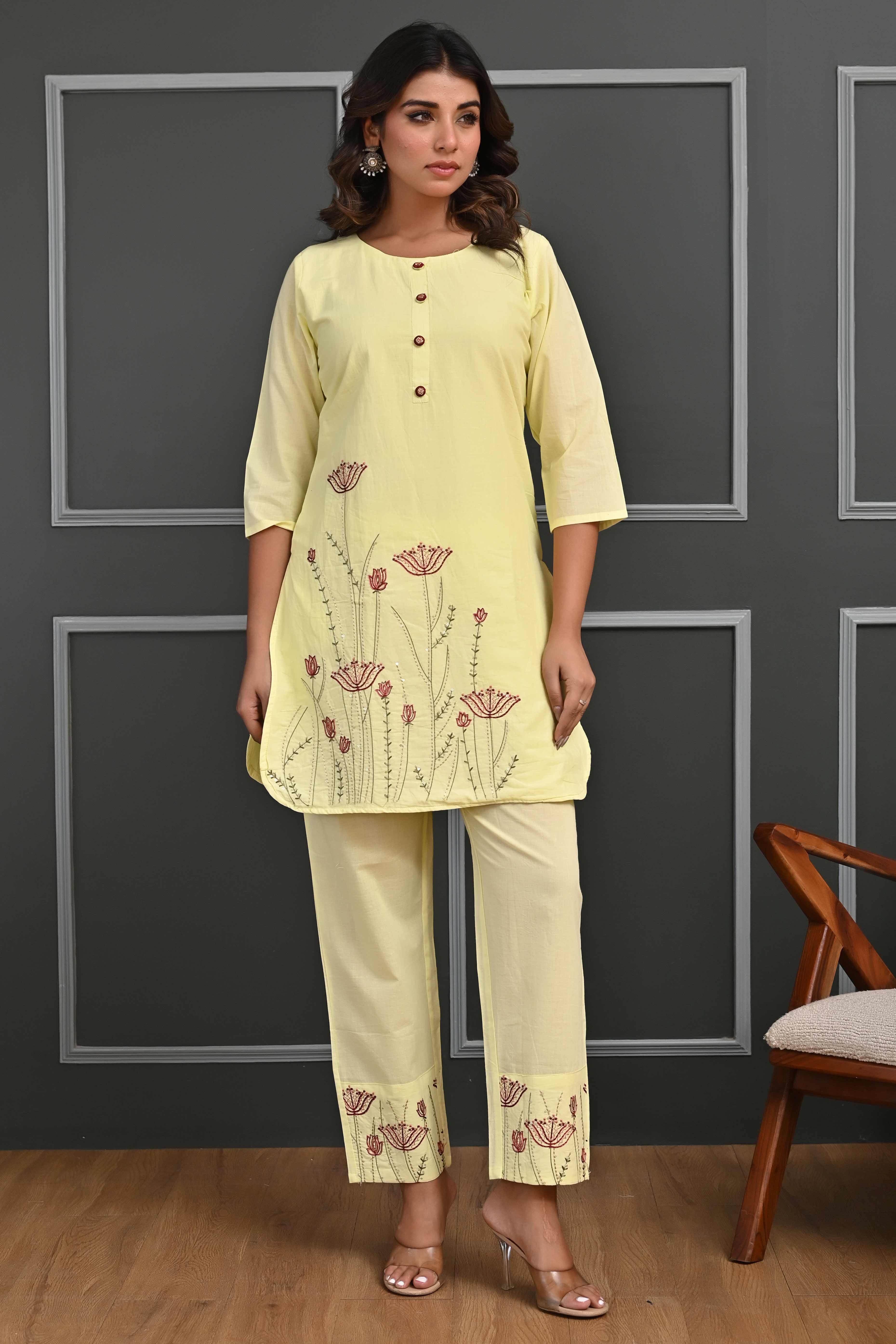Yellow Floral Embroidered Co-Ord Set – Top & Bottom