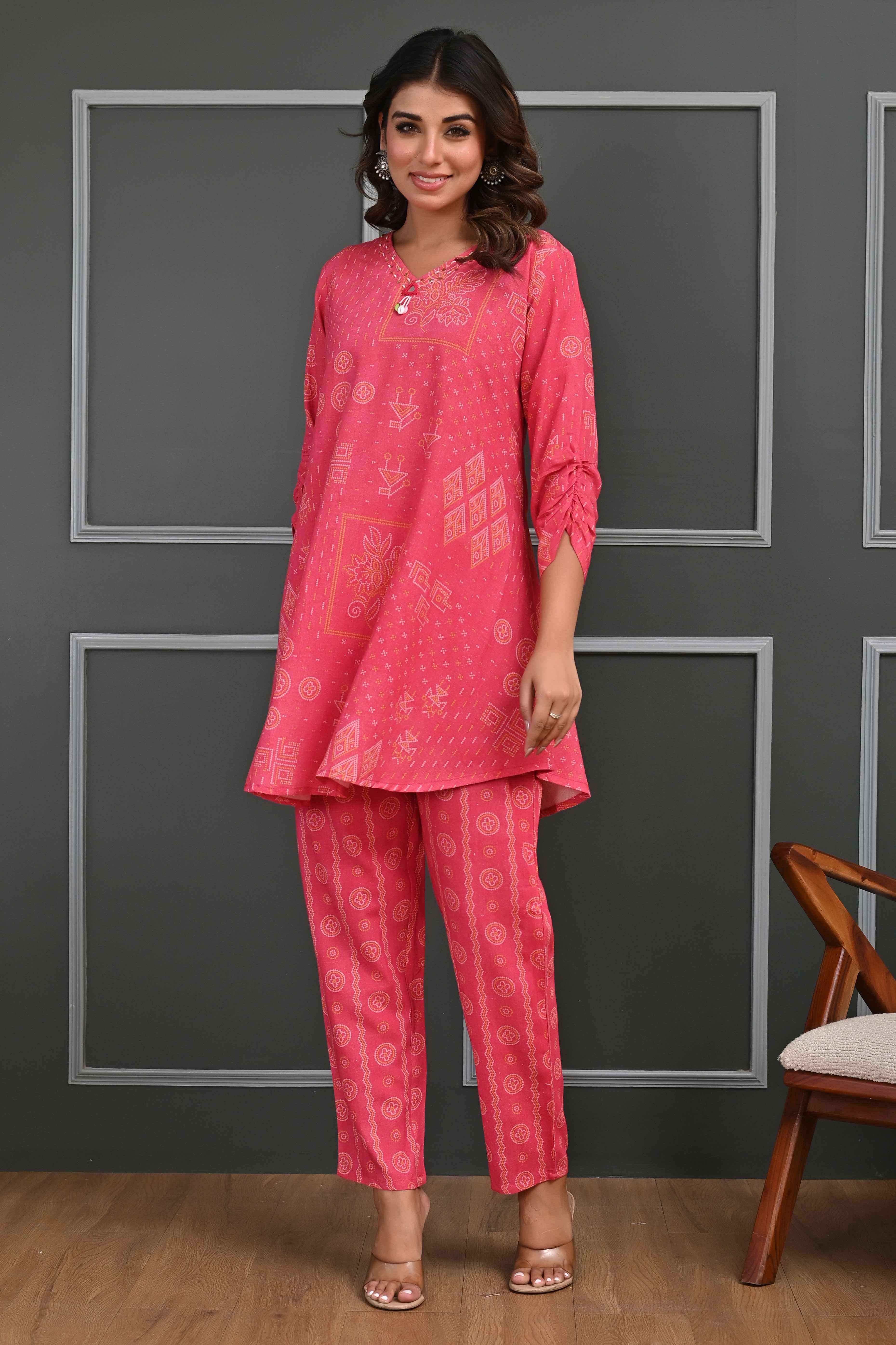 Rani Pink Bandhani Print Co-Ord Set with Sequined Neck – Lightweight & Stylish Festive Wear
