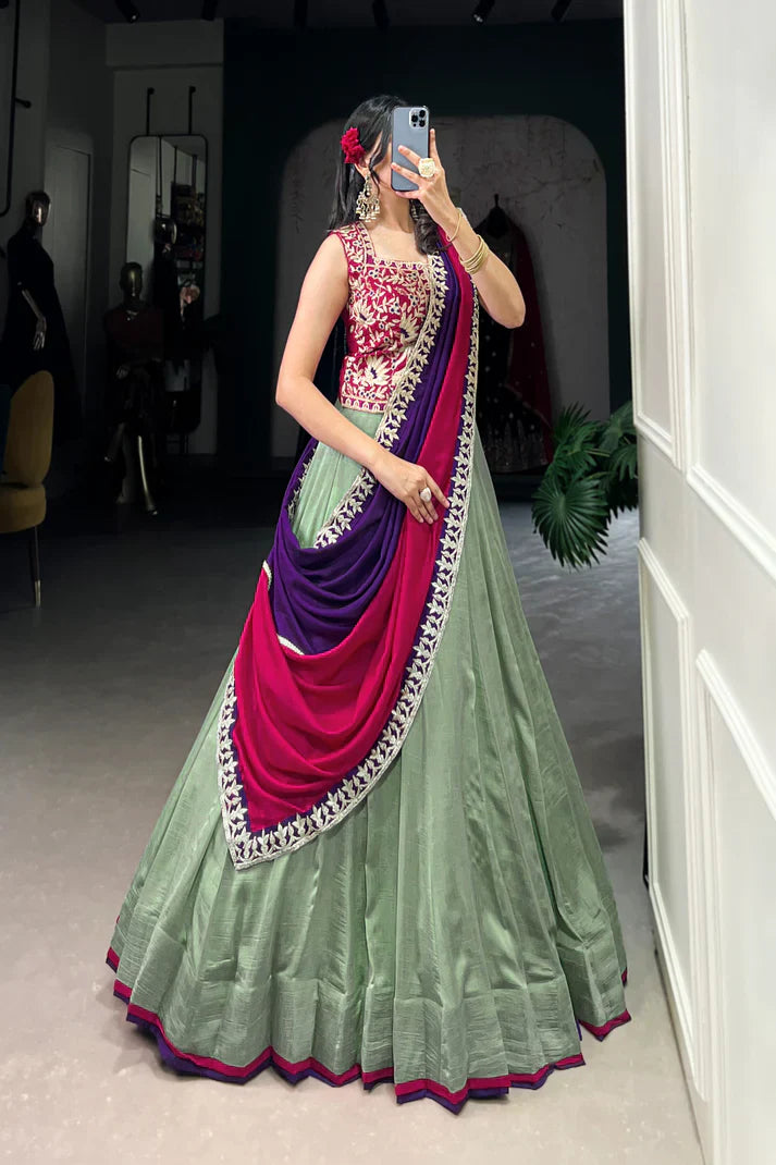 Vichitra Silk Lehenga Set with Sequins & Thread Embroidery and Belt Detail