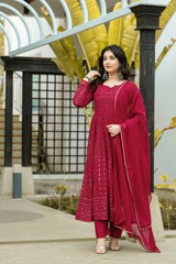 Rust-Orange Georgette Embroidered Sharara Set with Teal Blue Ruffle Dupatta