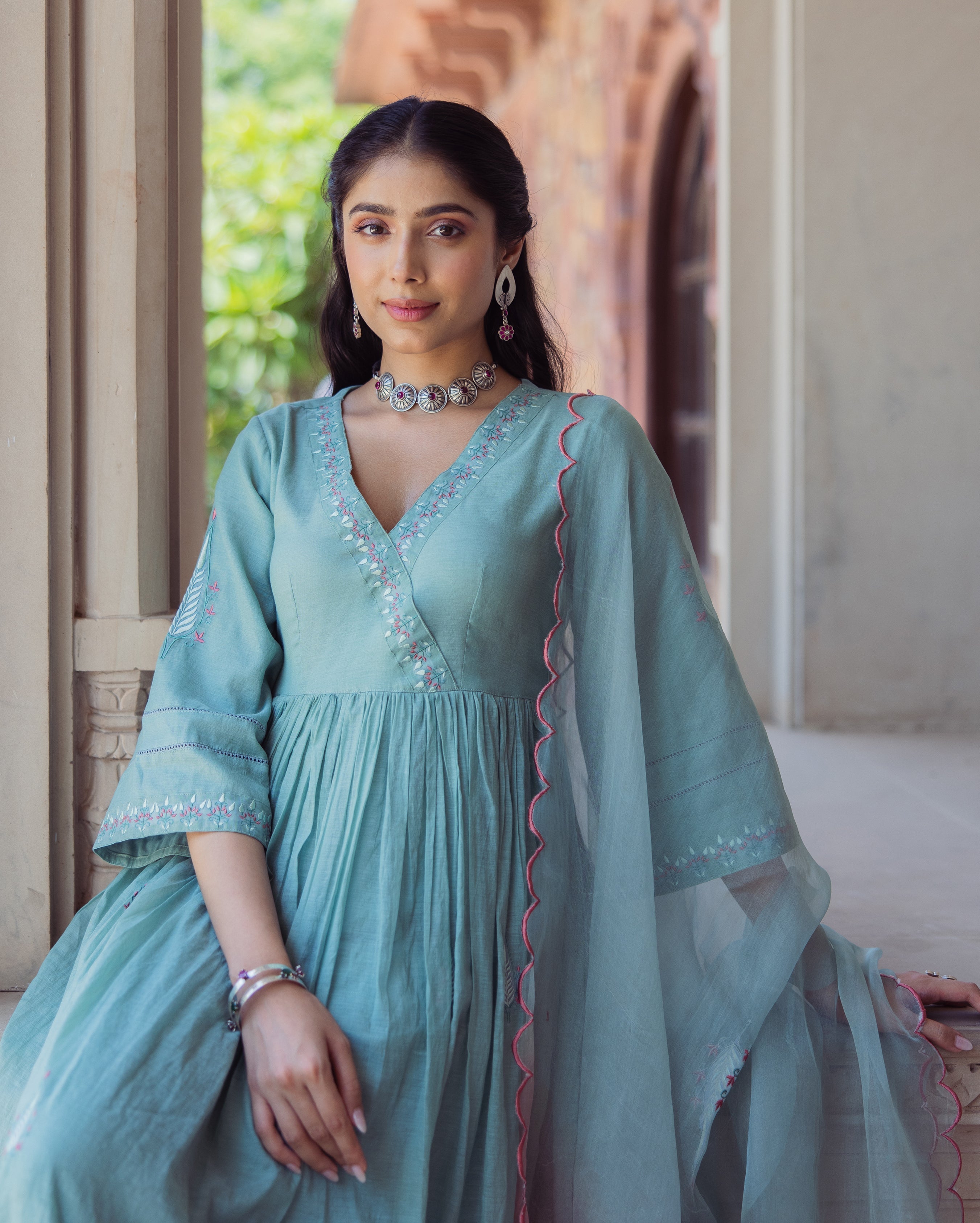 Blushing Green Embroidered Chanderi Suit Set