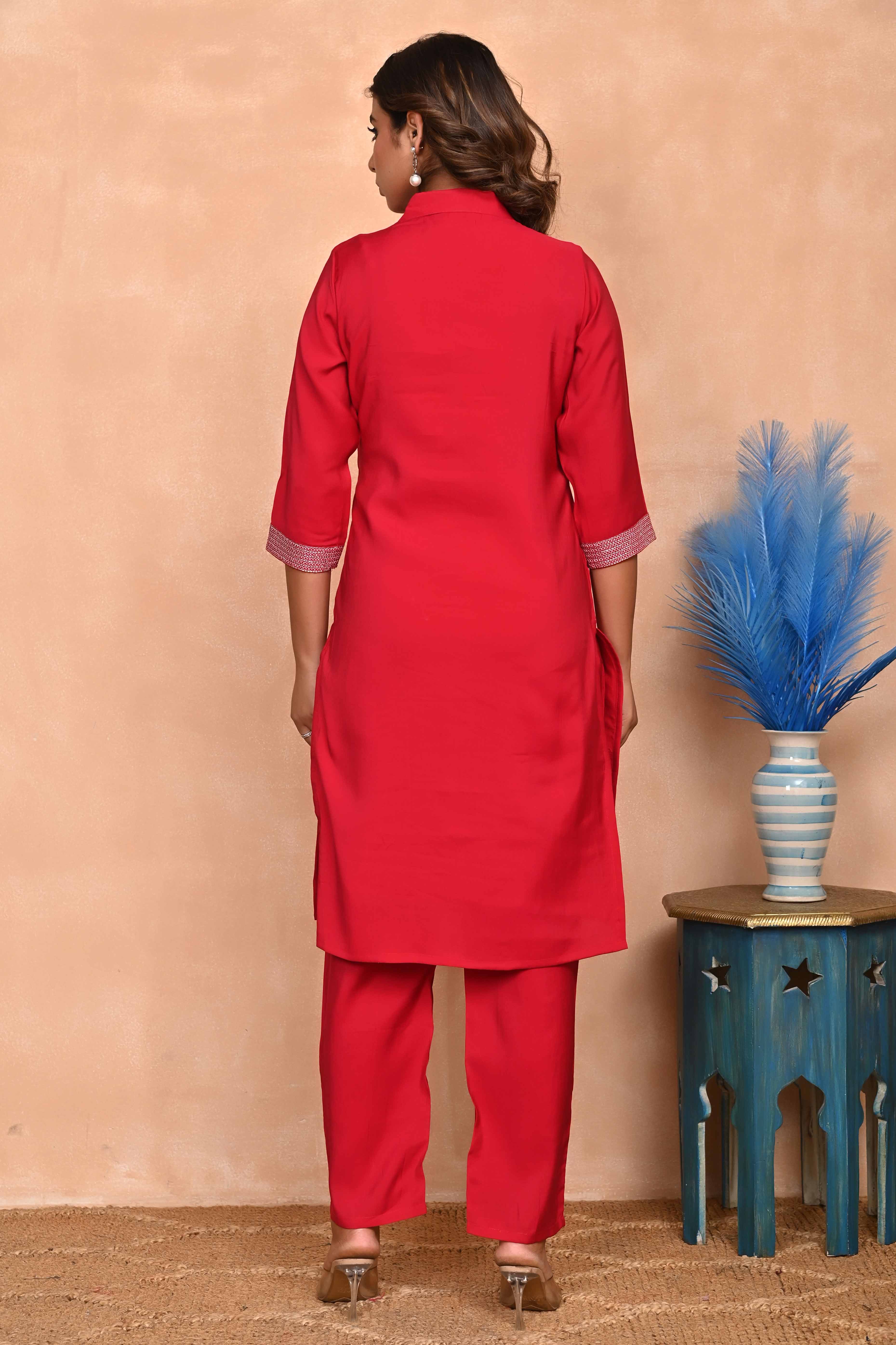 Red Floral Embroidered Chanderi Co-Ord Set – Top & Bottom