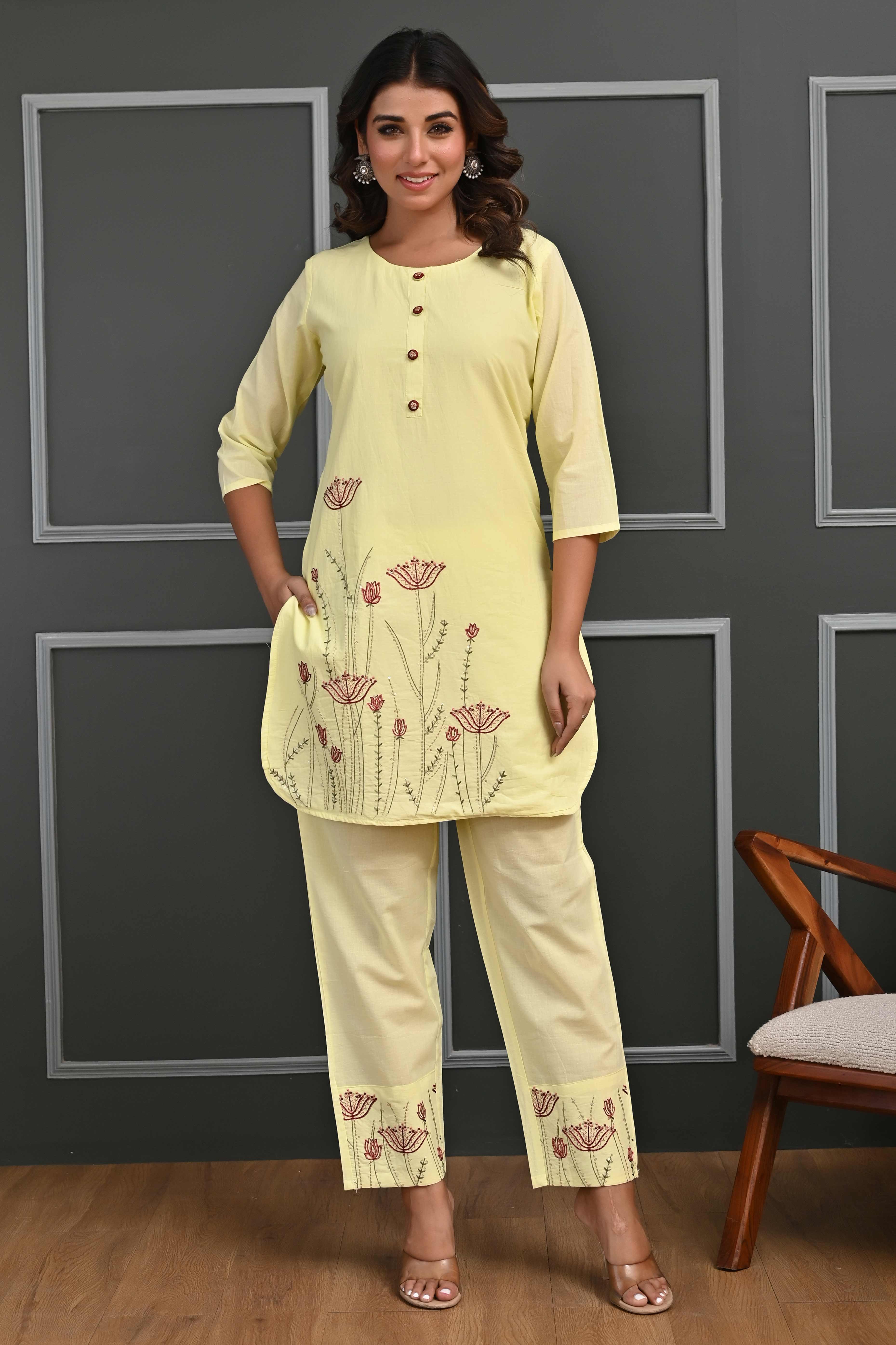 Yellow Floral Embroidered Co-Ord Set – Top & Bottom