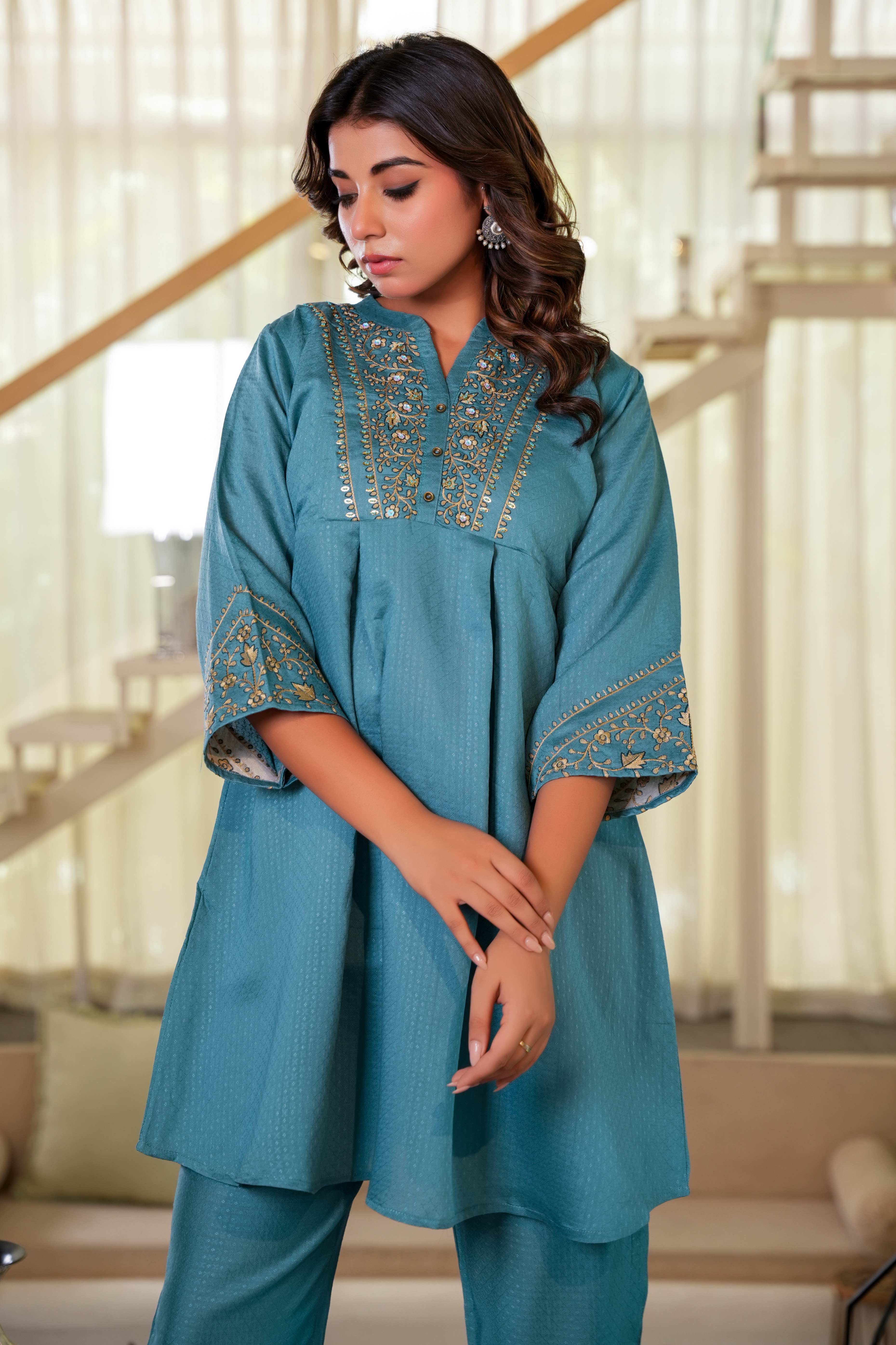 Sea Green Floral Embroidered Viscose Co-Ord Set – Top & Bottom