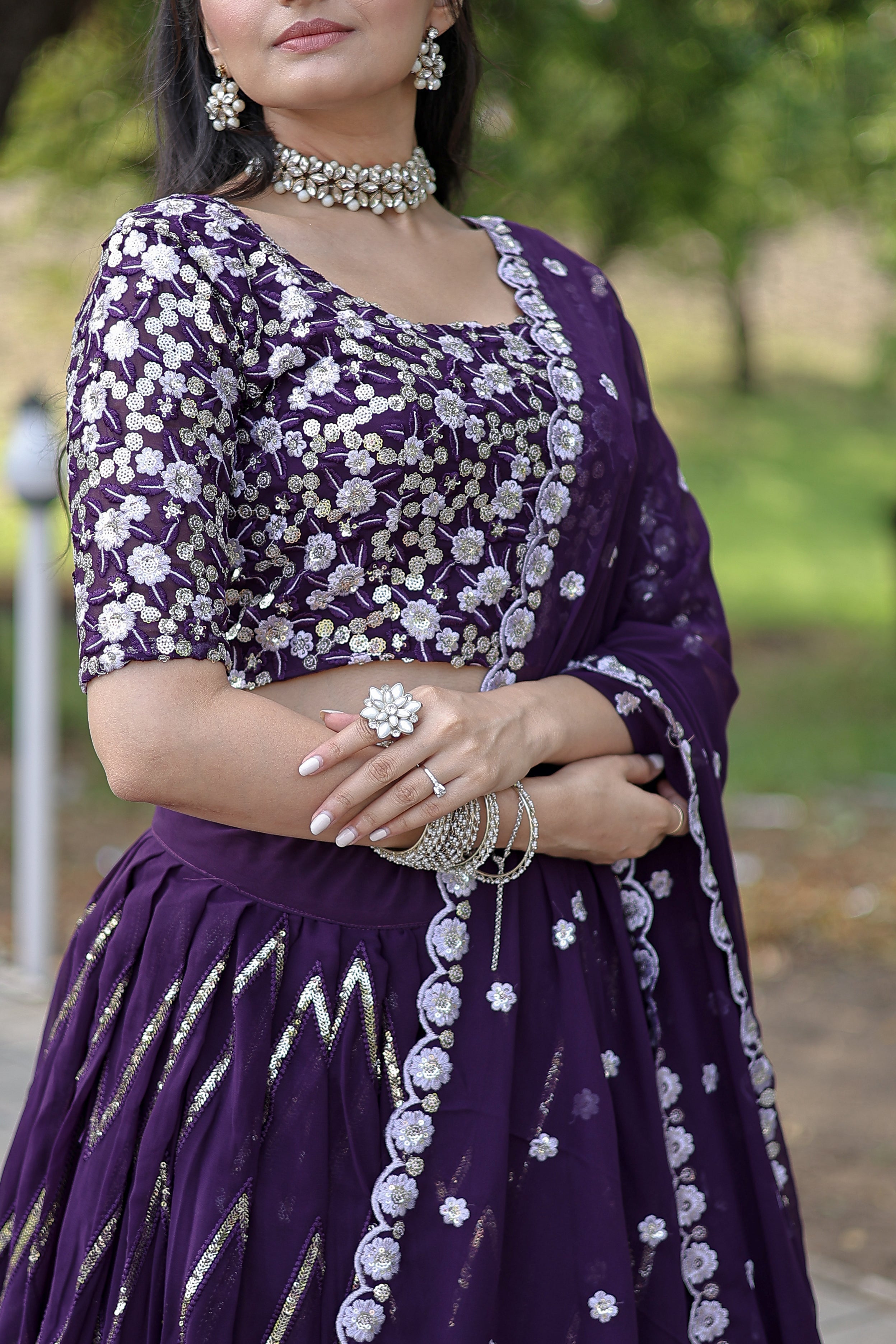 Elegant Faux Blooming Lehenga with Heavy Sequins & Thread Embroidery – Full Stitched with Designer Lace Dupatta
