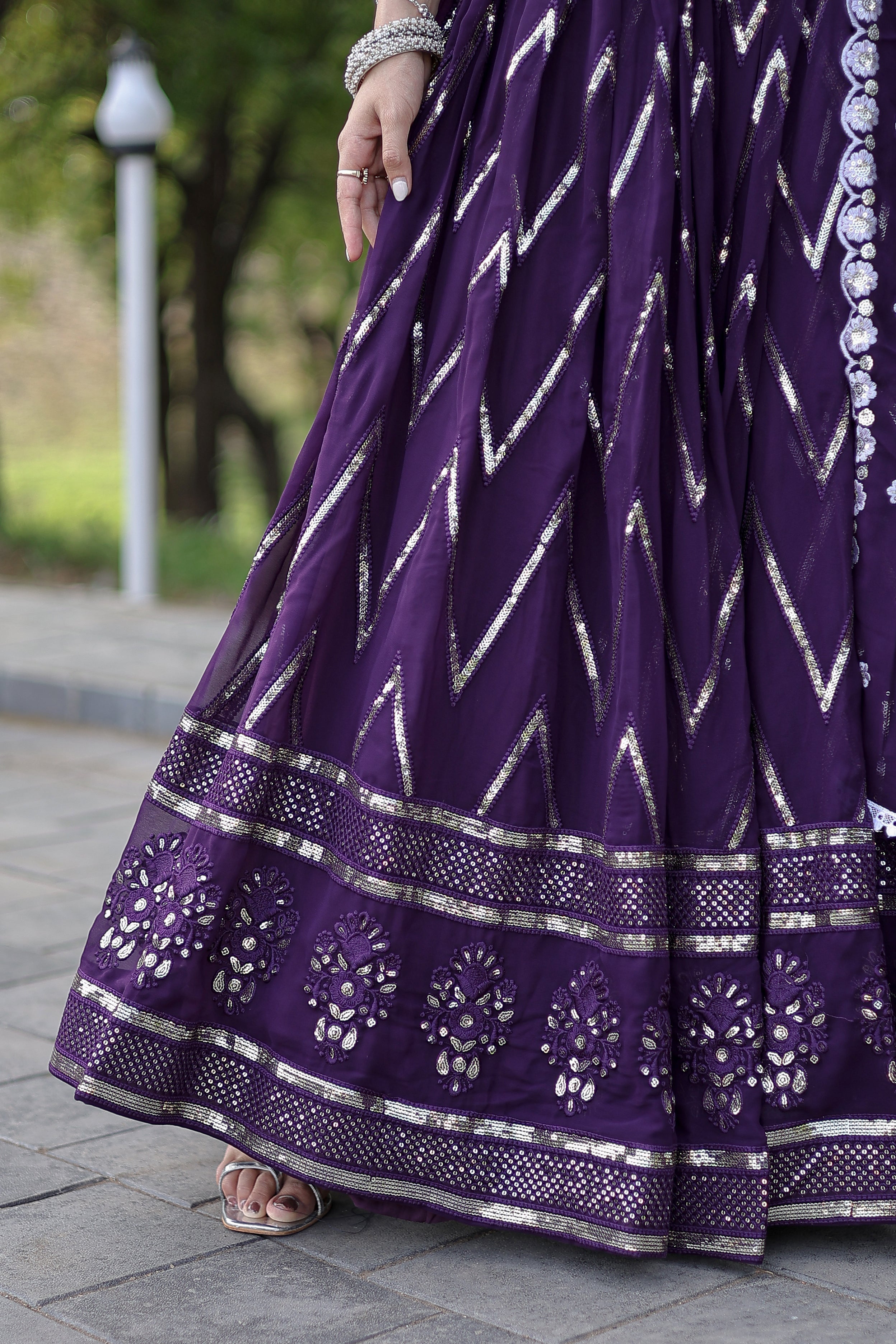 Elegant Faux Blooming Lehenga with Heavy Sequins & Thread Embroidery – Full Stitched with Designer Lace Dupatta