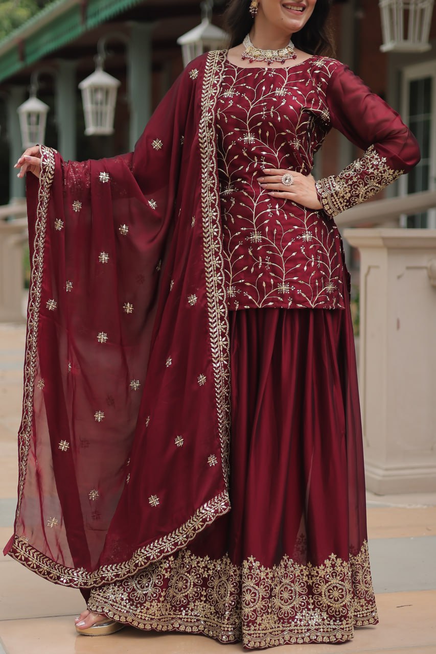 Rangoli Silk Embroidered Kurti Set with Plazzo & Dupatta
