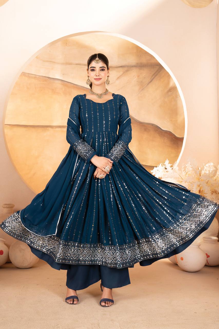 Faux Blooming Kurta Set with Heavy Sequin & Thread Embroidery