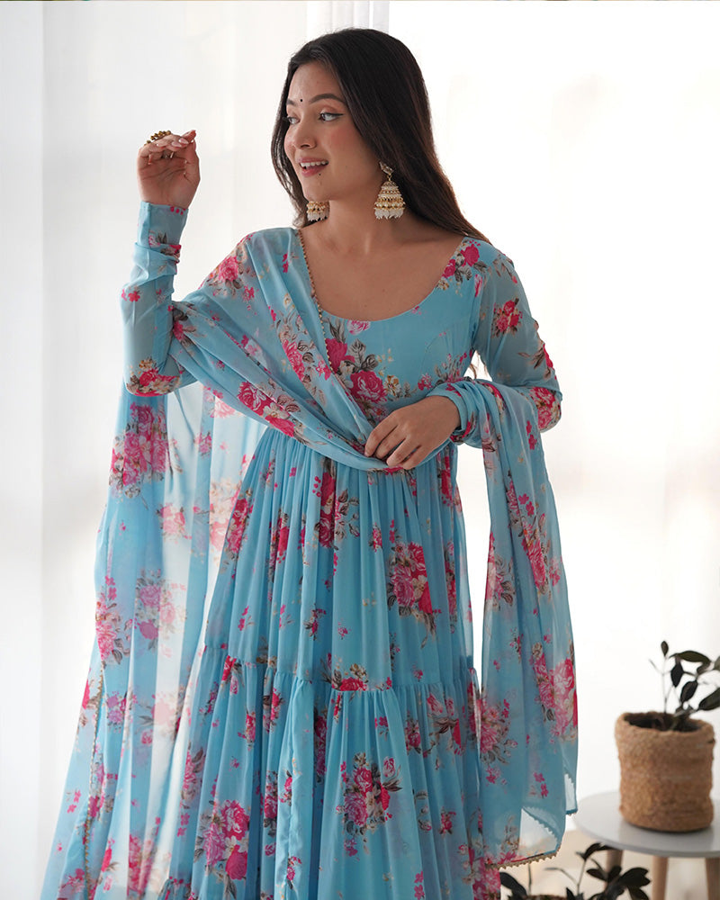 Pure Soft Georgette Frill Anarkali Suit Set with Floral Print Dupatta – Festival & Party Wear