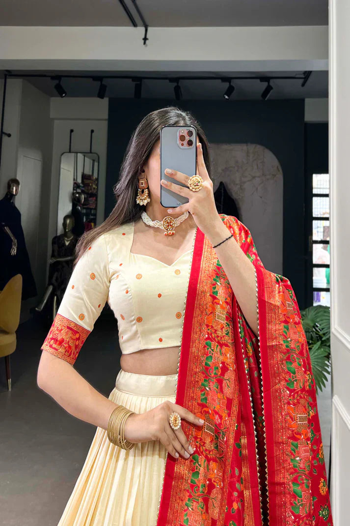 Elegant Tussar Silk Lehenga Set with Foil Print and Gotta Patti Lace Dupatta