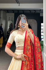 Elegant Tussar Silk Lehenga Set with Foil Print and Gotta Patti Lace Dupatta