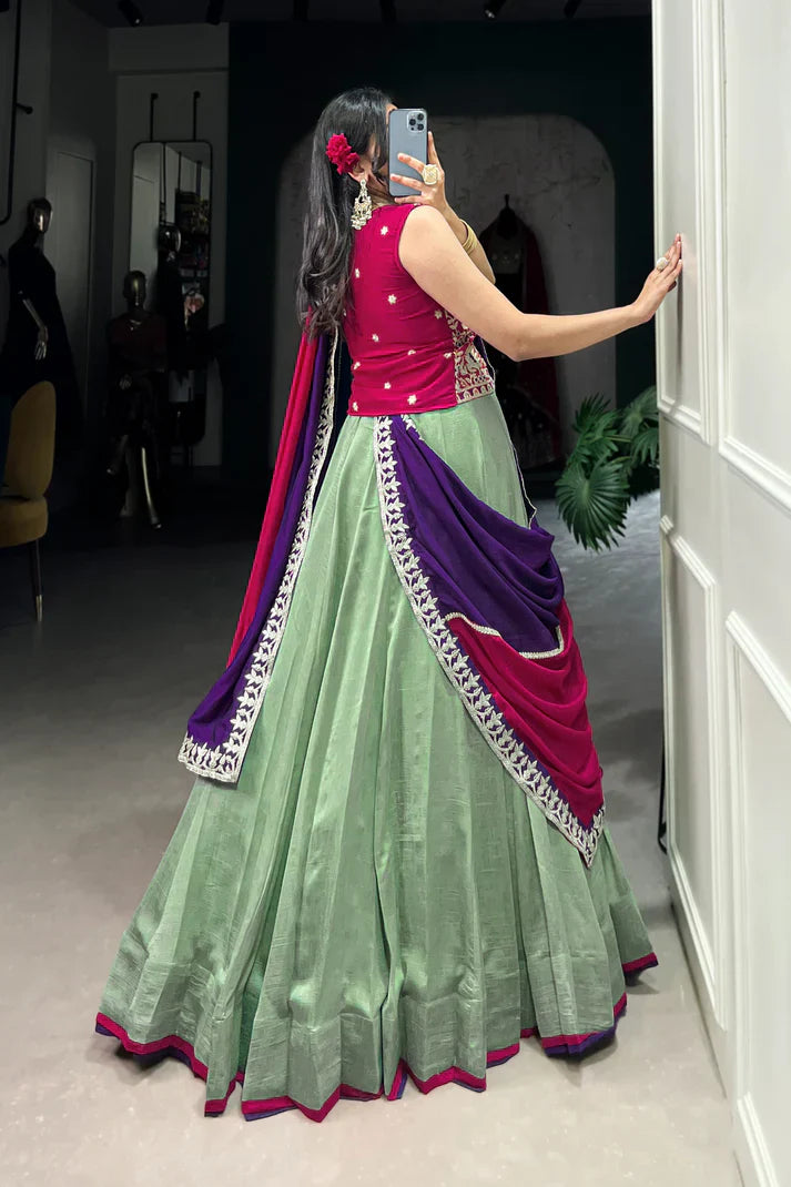 Vichitra Silk Lehenga Set with Sequins & Thread Embroidery and Belt Detail