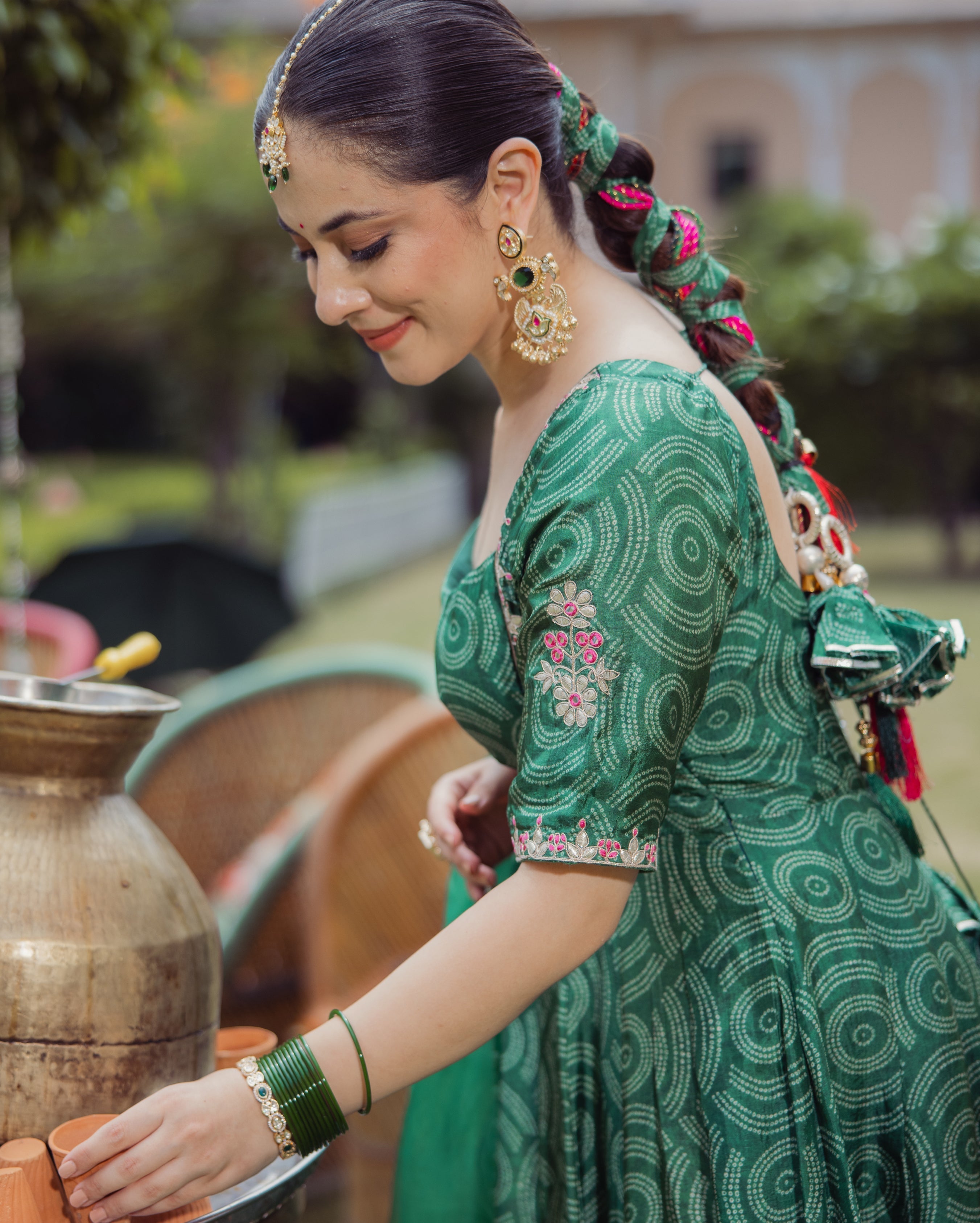 Dark Green Bandhani Chanderi Suit Set