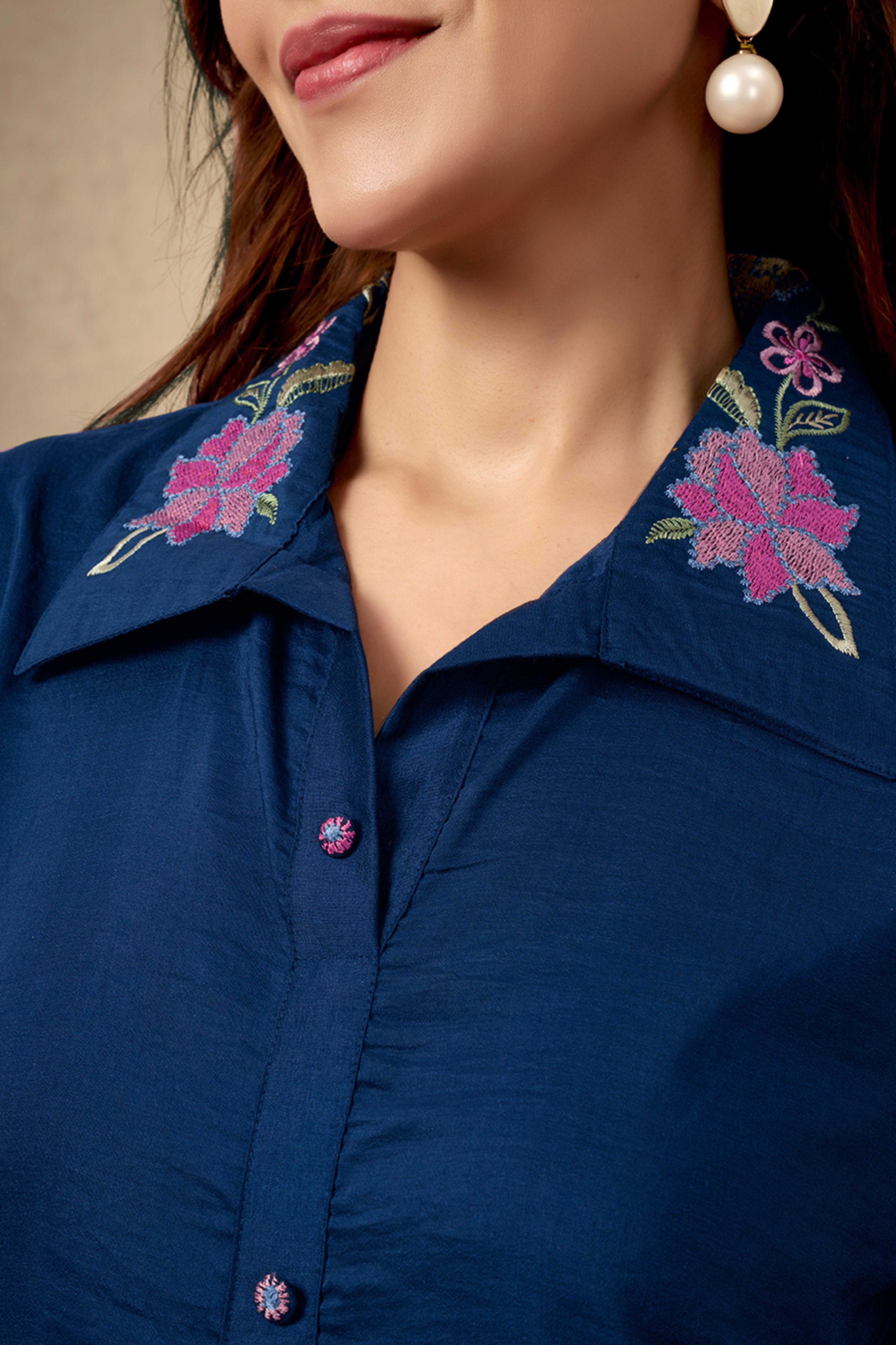 Navy Blue Floral Embroidered Chinon Co-Ord Set – Elegant & Comfortable Occasion Wear