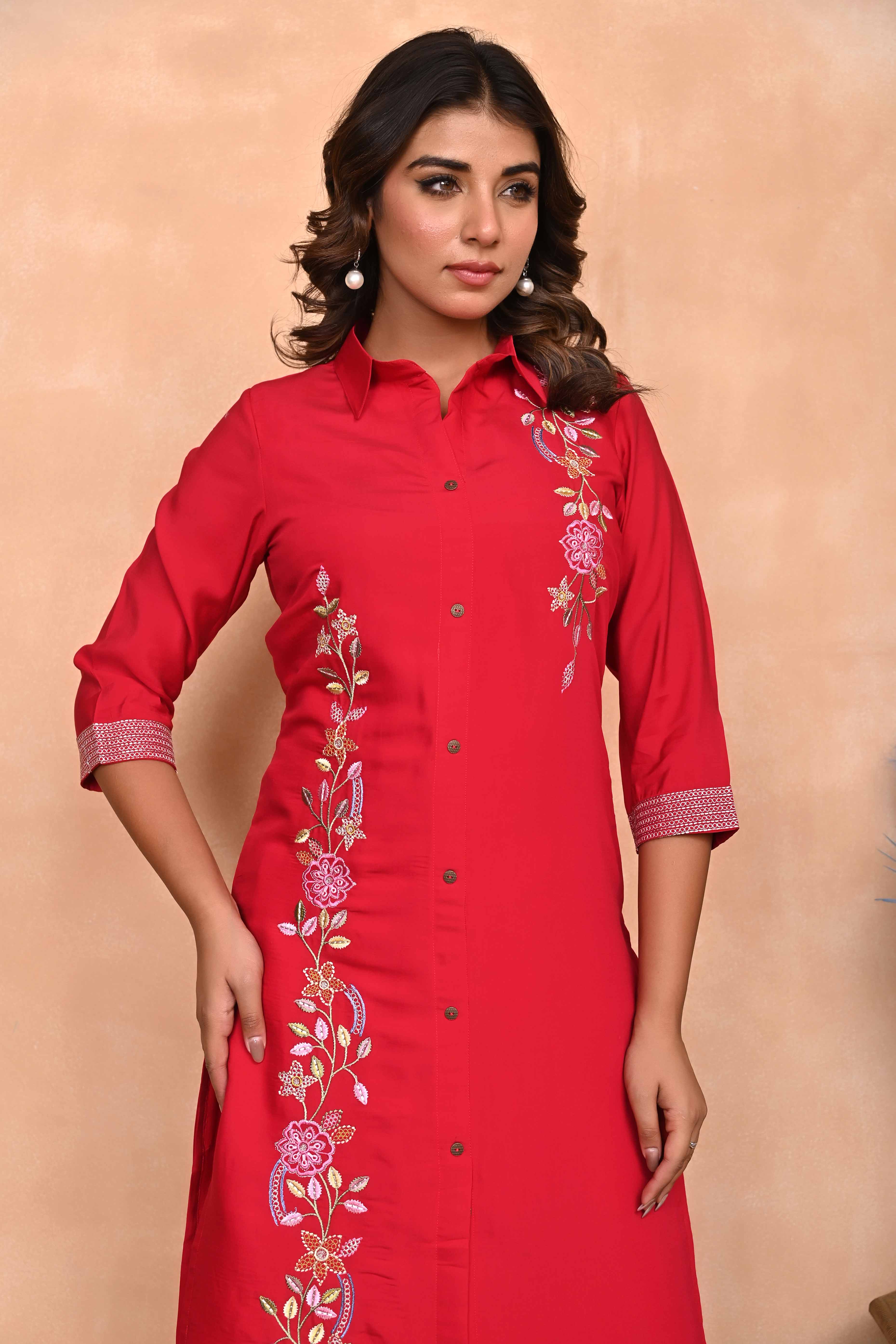 Red Floral Embroidered Chanderi Co-Ord Set – Top & Bottom