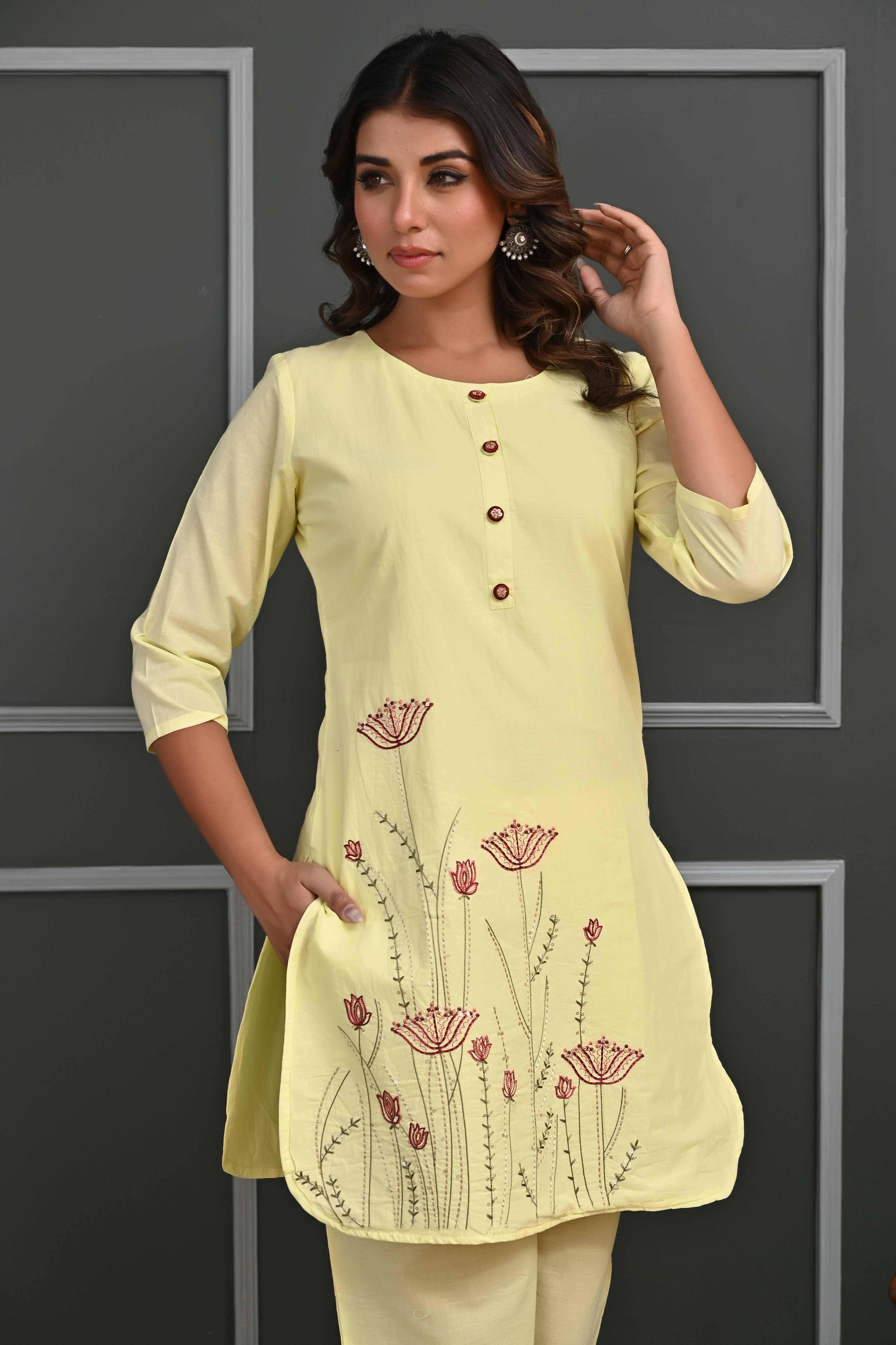 Yellow Floral Embroidered Co-Ord Set – Top & Bottom