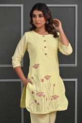 Yellow Floral Embroidered Co-Ord Set – Top & Bottom