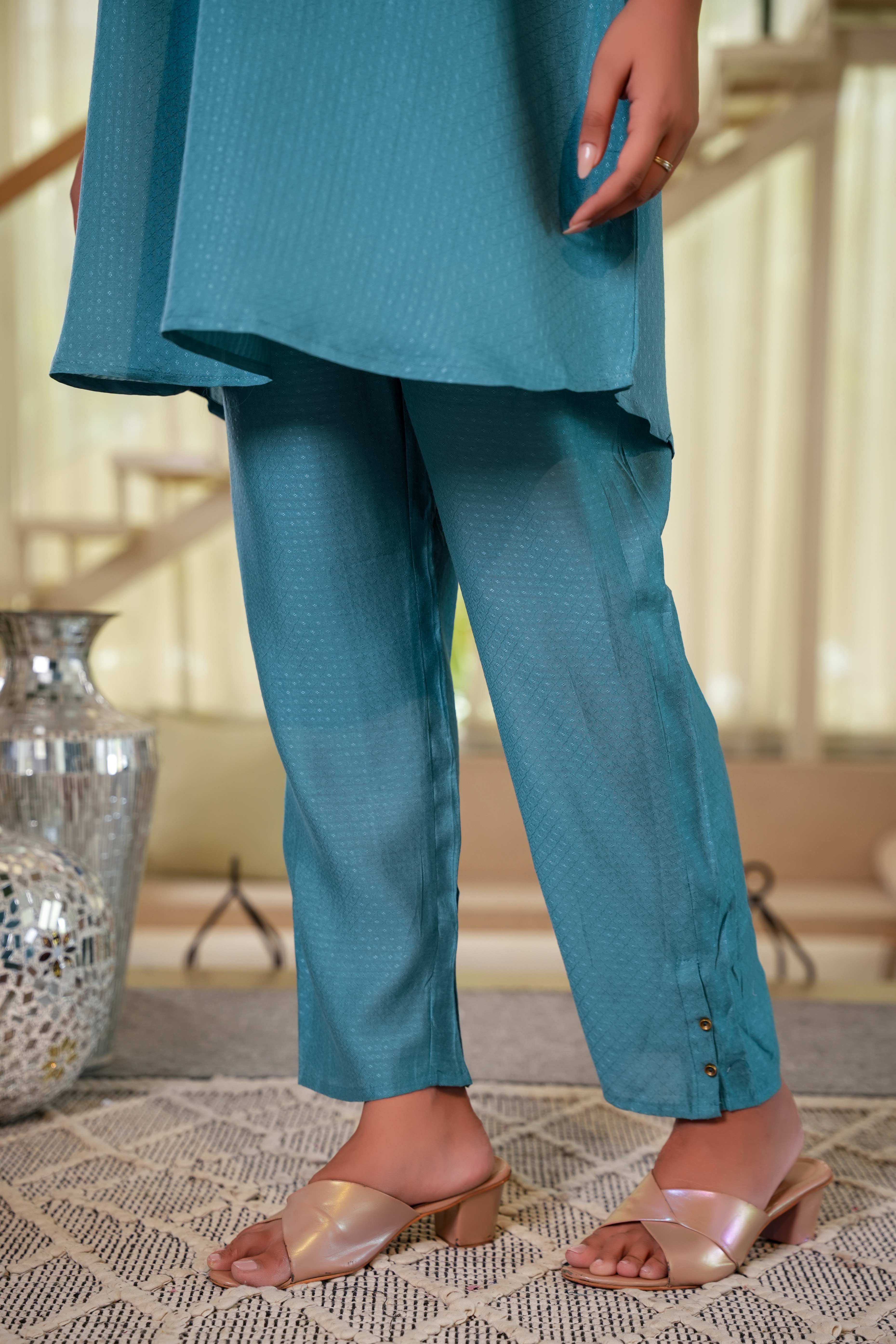 Sea Green Floral Embroidered Viscose Co-Ord Set – Top & Bottom