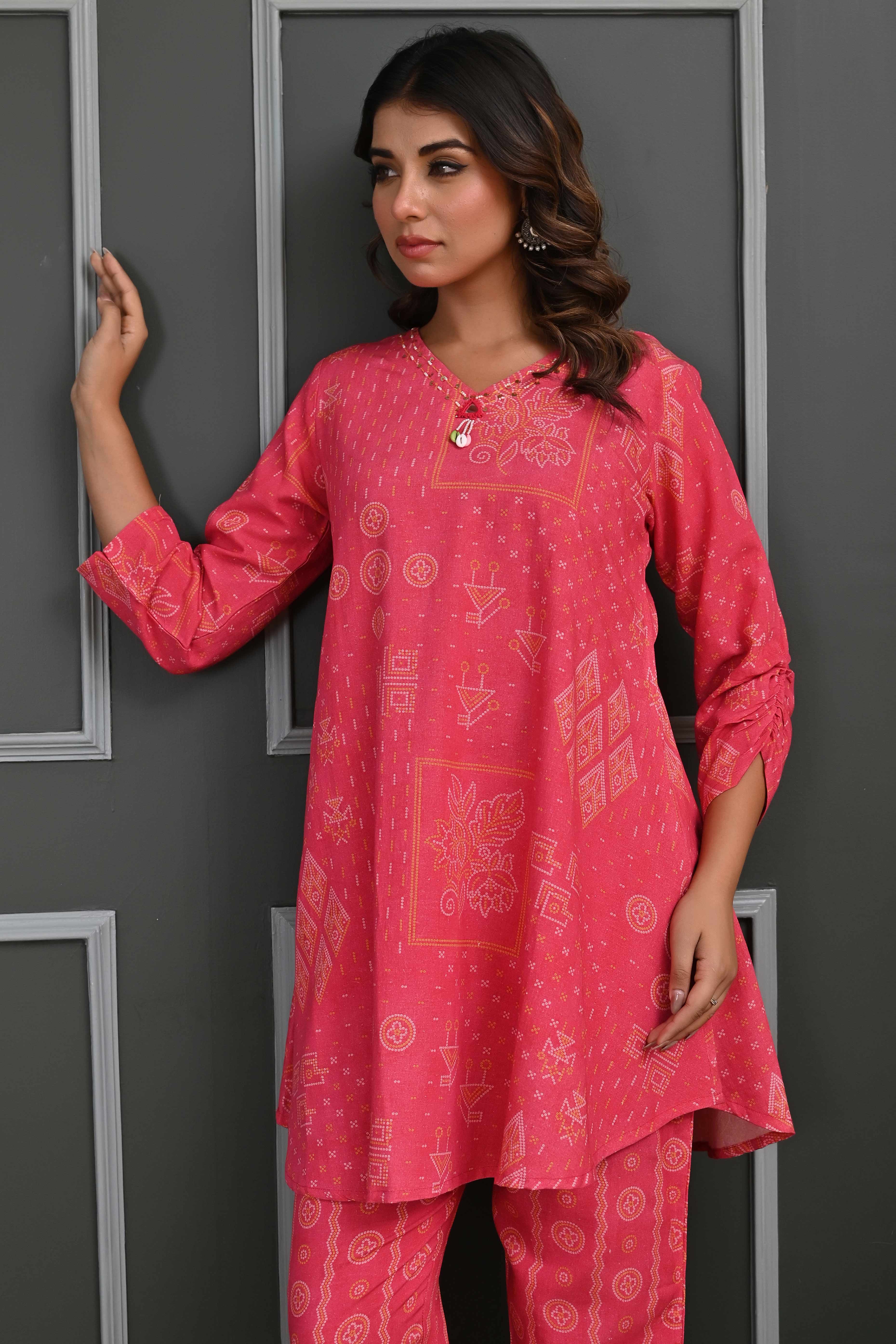 Rani Pink Bandhani Print Co-Ord Set with Sequined Neck – Lightweight & Stylish Festive Wear