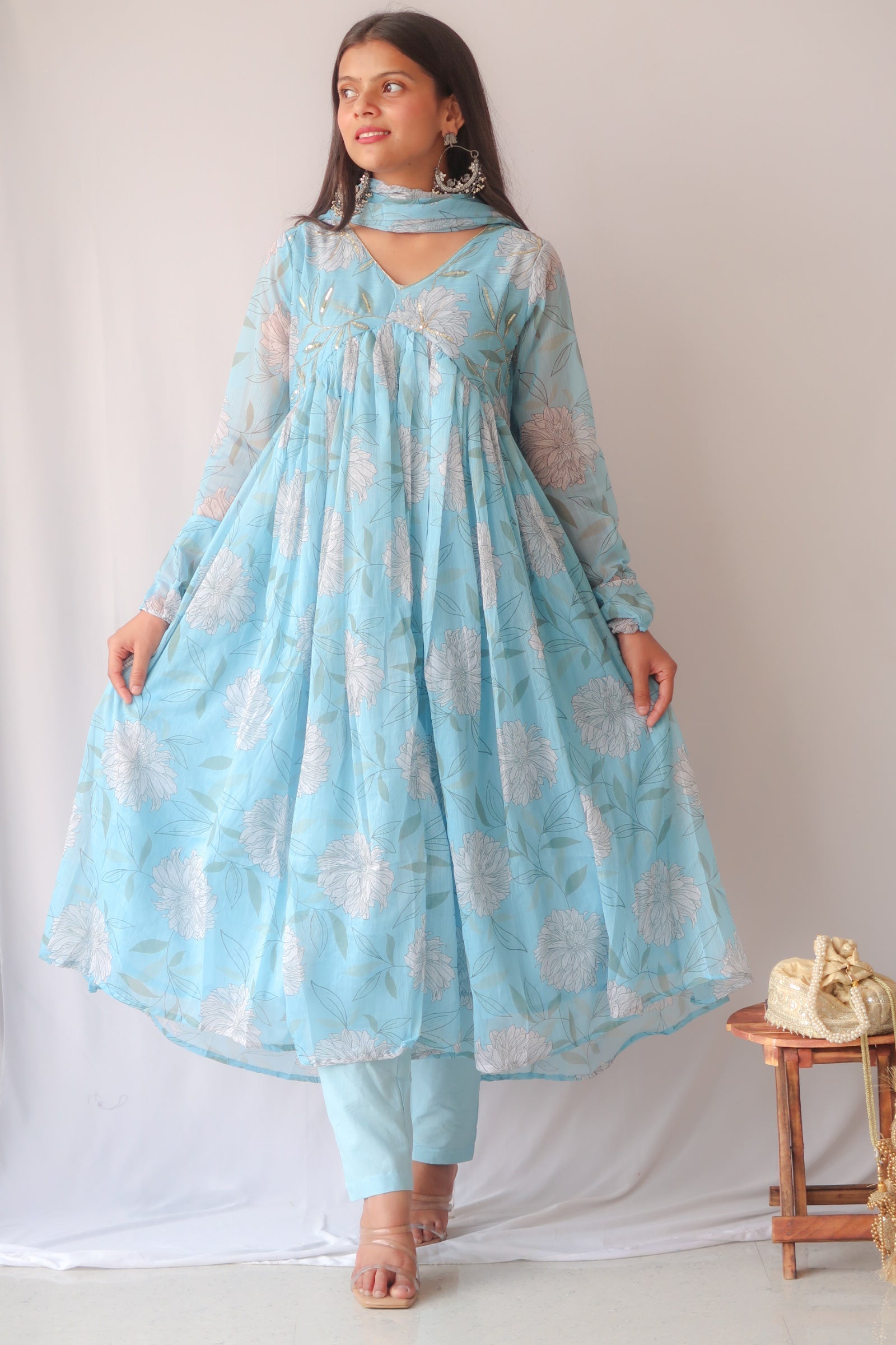 Light Blue Chiffon Anarkali Kurta Set with Sequin Work and Floral Print
