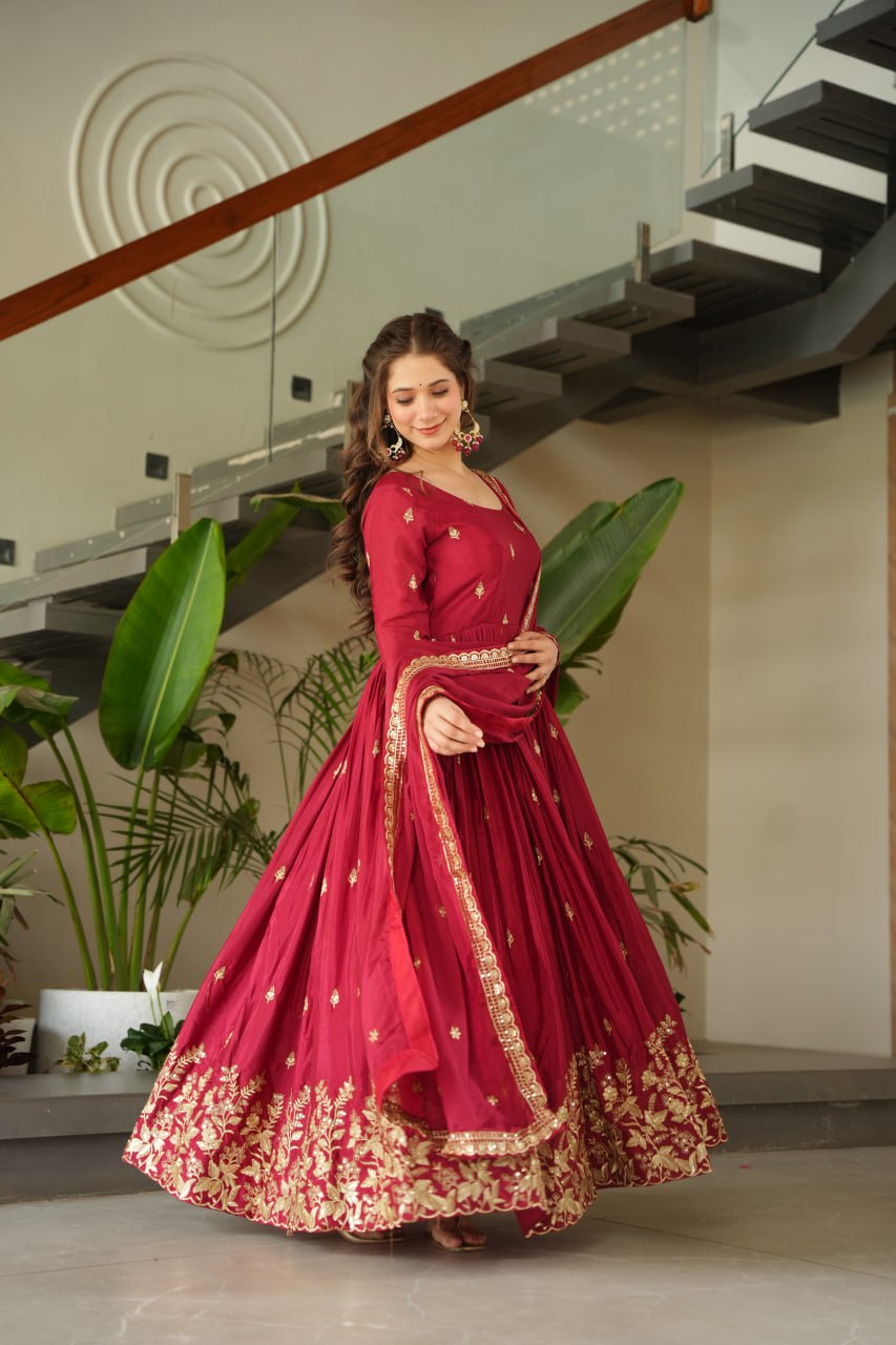 Elegant Chinnon Embroidered Gown with Dupatta - Perfect Party Wear