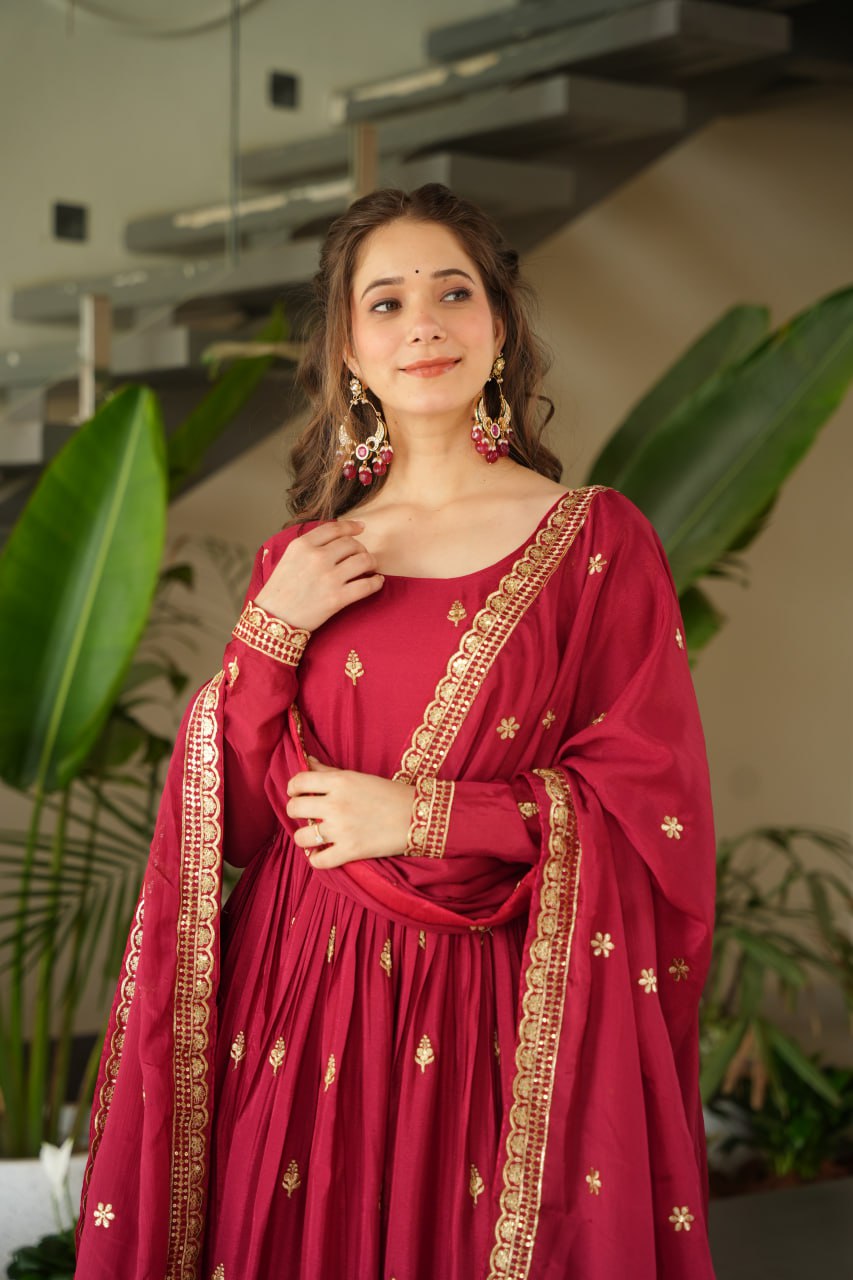 Elegant Chinnon Embroidered Gown with Dupatta - Perfect Party Wear