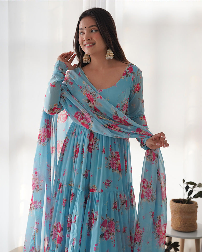 Pure Soft Georgette Frill Anarkali Suit Set with Floral Print Dupatta – Festival & Party Wear