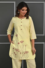 Yellow Floral Embroidered Co-Ord Set – Top & Bottom